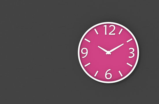 3d Rendering. Victory Sign Time Of Modern Pink Clock On Dark Copy Space Cement Wall Background.