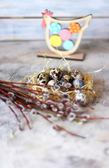 Hello Spring. Easter. Easter background. Easter eggs in the nest next to the willow. Selective focus, copy space, side view.