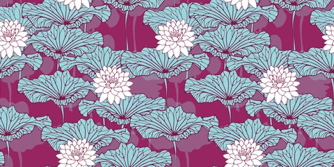 Tuinposter asian style wallpaper pattern with lotus pond in purple and blue © L.Dep