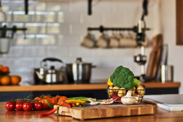 Cooking concept, fresh vegetables and spices  on wooden table