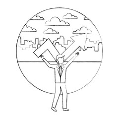 businessman with arrow growth success in the city hand drawing