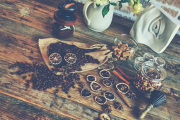 Coffee beans with jute bags  and coffee grinder.