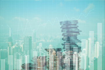 Fototapeta na wymiar Double exposure Stack of coin with financial graph over city and office building background, business and financial concept.