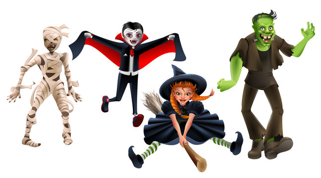 Set Halloween monsters witch on broom, frankenstein, vampire dracula, zombie mummy