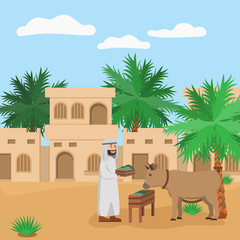 Eid Adha Mubarrak Arabian Man Feeding Animal Noble Behaviour to Animal, Islamic Cartoon Illustration