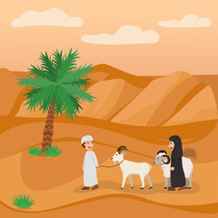 Eid Adha Mubarrak, two children were carrying a sacrificial animal, Cartoon Vector Illustration