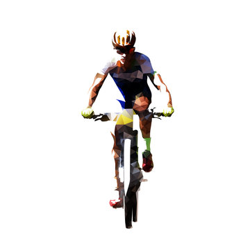 Mountain bike cycling, polygonal mtb cyclist. Isolated vector illustration. Front view