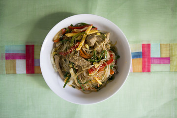 Stir fried Korean glass noodle with soy sauce called Japchae