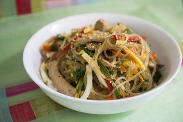Stir fried Korean glass noodle with soy sauce called Japchae