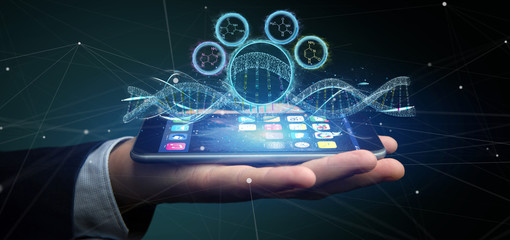 Businessman holding a 3d render DNA