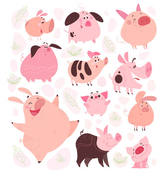 Vector set of funny flat different pig characters design isolated on white background. Collection of friendly smiling pink porks. Farm animals. Perfect for cards, patterns, prints, hero images etc.