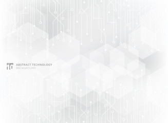 Abstract technology circuit board on gray geometric hexagon overlay pattern background.