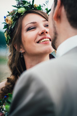 young couple in the style of provence on background of river