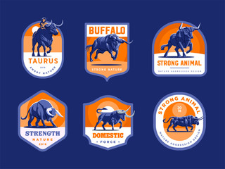 Set of bulls and buffalo in different poses. 