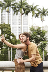 Selfie young couple in city, brazil