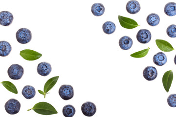fresh ripe blueberry with leaf isolated on white background with copy space for your text. Top view. Flat lay pattern