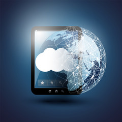 Cloud Computing Design Concept - Digital Network Connections, Technology Background with Earth Globe and Tablet PC