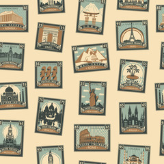 Retro Postage Seamless Background. Vector seamless pattern on the travel theme from different countries with postmarks and stamps in retro style. Can be used as wallpaper or wrapping paper