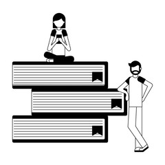 young people with pile library books isolated icon