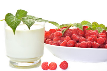 Large full plate of harvested red ripe juicy sweet fresh raspberries, a glass of rustic natural fat cow's milk, a few berries and branches with foliage on them. White background