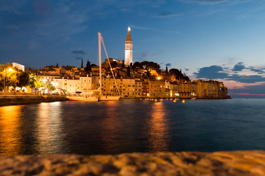 Rovinj, Croatia - July 24, 2018: Night view of the old town of Rovinj, Croatia.