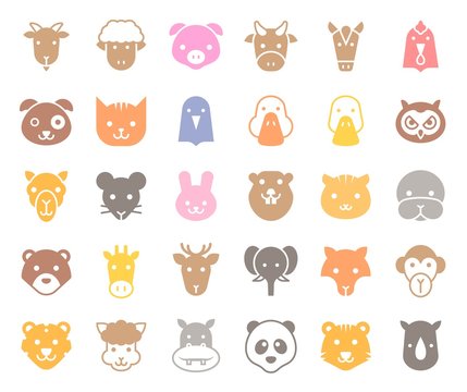 cute animal face included farm, forest and African animals, solid design