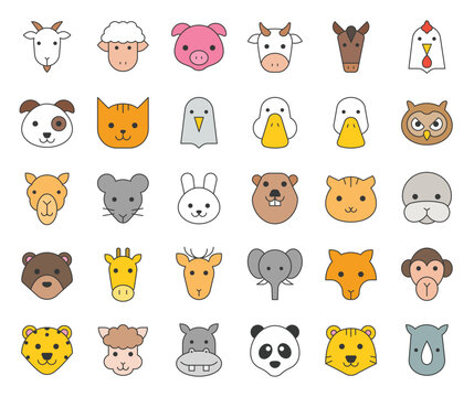 cute animal face included farm, forest and African animals, filled outline design 