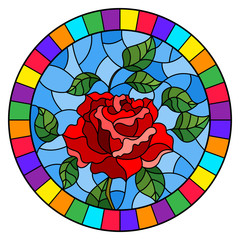 Illustration in stained glass style flower of red rose on a blue background in a bright frame,round image