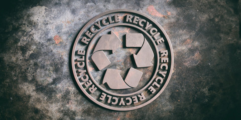Round metal sign badge with text recycle isolated on metal background. 3d illustration
