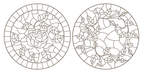 Set of contour illustrations of stained-glass Windows with a rose and a loach, dark contours on a white background, round images