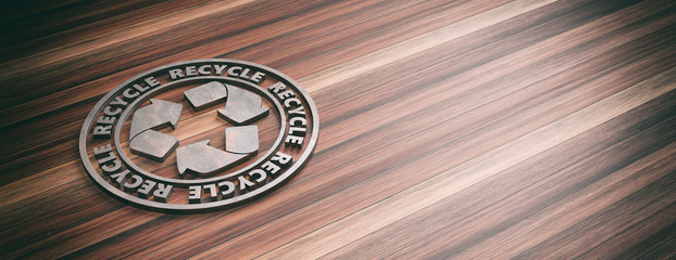 Round metal sign badge with text recycle isolated on wooden background, banner, copy space. 3d illustration