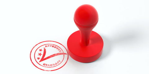 Red round rubber stamper and stamp with text approved isolated on white background. 3d illustration - obrazy, fototapety, plakaty