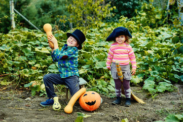 Funny kids with pumpkin on Halloween . Brother and sister playing on Halloween