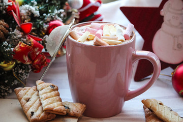 A cup of coffee with parshmallow on the top and cookies on the book