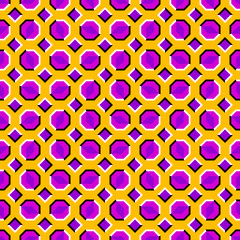 Yellow background with pink octagons and purple squares. Optical illusion of movement. Seamless pattern.