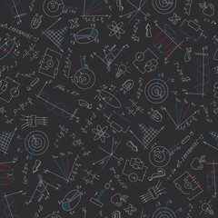 Seamless pattern with formulas,graphs, and equipment as the subject of physics with colored chalks on the dark school Board