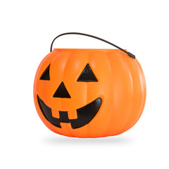 Pumpkin basket isolated on white background (clipping path) for kid collecting candy Jack o'lantern basket , trick or treat on Halloween day celebration © Chinnapong