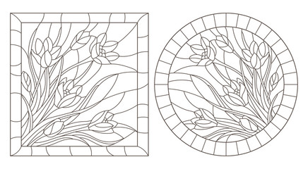 A set of contour illustrations of stained glass Windows with Crocuses in frames, dark contours on a white background, round and rectangular image