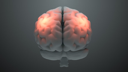 Medical theme 3d render brain with orange zones that symbolize damage or pain. Headache zone concept. Activation of brain intelligence zone.