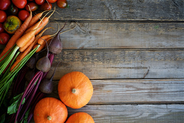 Autumn set of vegetables. Wooden food background. Organic farm vegetables
