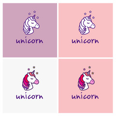 Unicorn vector logo isolated on white background. Head of the horse with the horn. Magic fantasy animal. Design for children