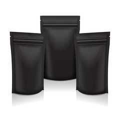 Black Blank Foil Food or Cosmetic Pack Pouch Sachet Bag Packaging with Zipper. Vector Isolated Mock up template