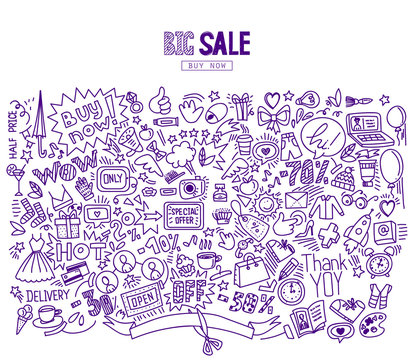 Pen ink Hand drawing Shopping symbols background and lettering headline Big sale. Doodle sketch style, vector Illustration. For banners, posters, flyers.