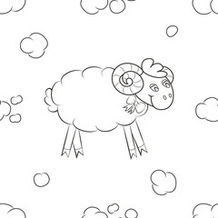 Funny sheep flying in the sky. Cheerful seamless pattern background. Vector illustration.