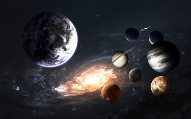 Solar system planets and Milky way, awesome science fiction wallpaper. Elements of this image...