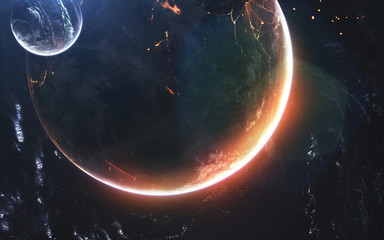 Glowing planet, awesome science fiction wallpaper, cosmic landscape. Elements of this image...