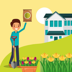 man cartoon with fertilizer and shovel house flowers garden