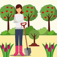 gardener woman planting tree with shovel gardening