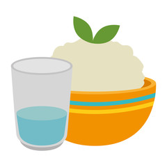 kitchen bowl with mashed potatoes and water glass vector illustration design