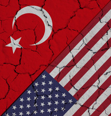 USA and Turkey flags with their currencies. Dollar and Lira. Concept of United States of America and Turkey trade war.